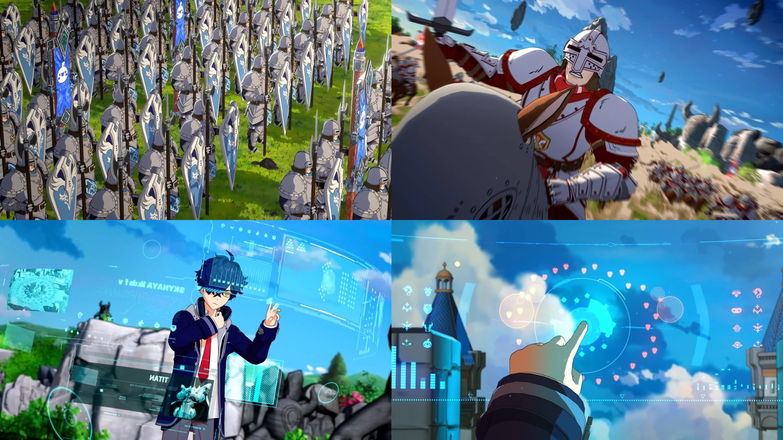 Gameplay scenes showing armies, tactical magic, and sky combat