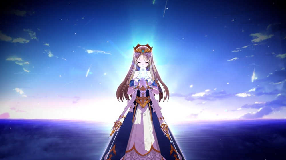 A princess praying beneath a blue sky